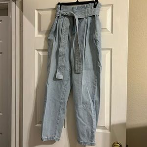 A New Day- High-waisted belted pleated light denim jeans size 6 baggy wide leg.